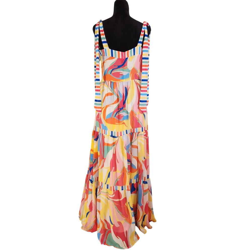 FLYING TOMATO Print and Stripes Tiered Maxi Dress with Tie Straps, Size Medium - Picture 5 of 15